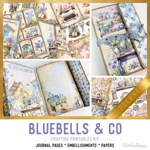 Bluebells Junk Journal Kit DELUXE, Blue Flowers Crafting Printables Kit Bluebells Embellishments Printable Paper Craft Kit Tutorial - 003256