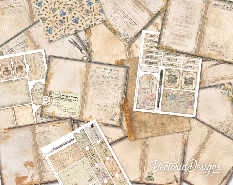 Vintage Notebook Junk Journal Kit, Printable Journal Pages, Neutral Junk Journal, Vintage Embellishments, Old Paper, Antique Paper 002390 image 2