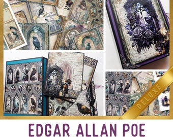 May include: A digital printable kit for crafting featuring a gothic theme with images of Edgar Allan Poe, ravens, and gothic architecture. The kit includes journal pages, embellishments, and papers. The kit is labeled "Edgar Allan Poe Deluxe Crafting Printables Kit".