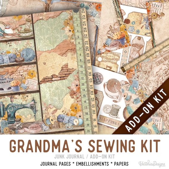 Grandma's Sewing Kit Junk Journal Kit ADD-ON, Printable Craft kit with Journal Pages, Embellishments and Papers - 003424