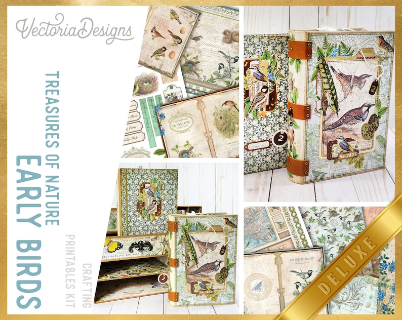 May include: A digital scrapbooking kit featuring a vintage style design with birds, flowers, and nature elements. The kit includes printable papers, embellishments, and other digital elements. The kit is titled "Treasures of Nature Early Birds Deluxe".