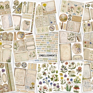 K&ouml;nnte beinhalten: Ein Set digitaler Scrapbook-Papiere mit floralen Designs, botanischen Illustrationen und Elementen im Vintage-Stil. Die Papiere umfassen verschiedene Farben, Texturen und Muster, wie z. B. Blumenkr&auml;nze, Bl&auml;tter und Schmetterlinge. Die Papiere eignen sich perfekt zum Erstellen digitaler Scrapbook-Seiten, Karten und anderer Bastelprojekte.