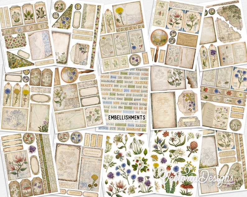 K&ouml;nnte beinhalten: Ein Set digitaler Scrapbook-Papiere mit floralen Designs, botanischen Illustrationen und Elementen im Vintage-Stil. Die Papiere umfassen verschiedene Farben, Texturen und Muster, wie z. B. Blumenkr&auml;nze, Bl&auml;tter und Schmetterlinge. Die Papiere eignen sich perfekt zum Erstellen digitaler Scrapbook-Seiten, Karten und anderer Bastelprojekte.
