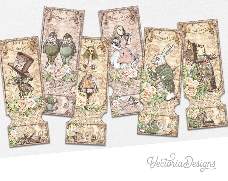 Alice in Wonderland Pass Tickets, Printable Tickets, Wonderland Tickets, Scrapbooking Embellishments, Crafting Printables, Digital 002510 image 1