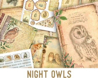 Night Owls Junk Journal Kit Owls Printable Junk Journal Kit Owls Embellishments Owls Junk Journal Owls Papers DIY Owls Craft kit - 002336