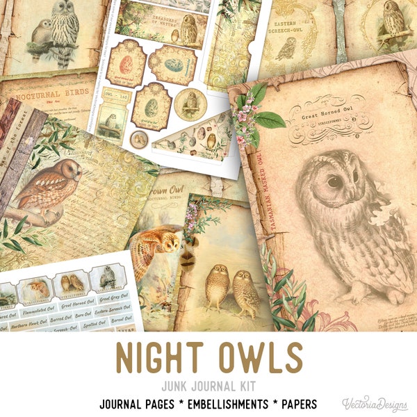 Night Owls Junk Journal Kit Owls Printable Junk Journal Kit Owls Embellishments Owls Junk Journal Owls Papers DIY Owls Craft kit - 002336