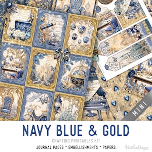 Navy Blue and Gold Junk Journal Kit MINI, Blue Gold Crafting Printables Kit Blue Embellishments Gold Printable Paper Craft Kit Blue 003414