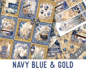Navy Blue and Gold Junk Journal Kit MINI, Blue Gold Crafting Printables Kit Blue Embellishments Gold Printable Paper Craft Kit Blue 003414