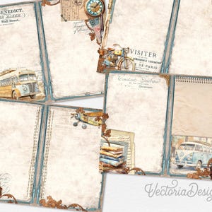 May include: A collection of vintage-style scrapbook paper sheets with a travel theme. The designs feature illustrations of a bus, bicycle, and a vintage car. The paper has a distressed, aged look with a blue border and decorative elements.