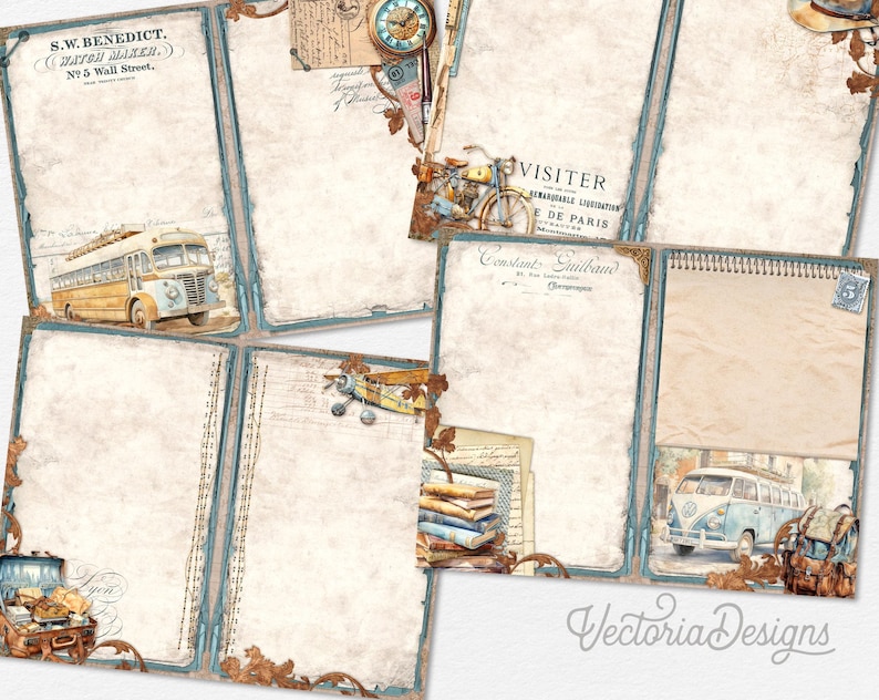 May include: A collection of vintage-style scrapbook paper sheets with a travel theme. The designs feature illustrations of a bus, bicycle, and a vintage car. The paper has a distressed, aged look with a blue border and decorative elements.