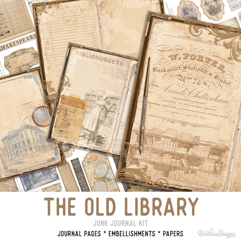 The Old Library Junk Journal Kit, Printable Junk Journal Pages, Printable Junk Journal Kit, Craft kits, Vintage Junk Journal Kit 002451 image 1