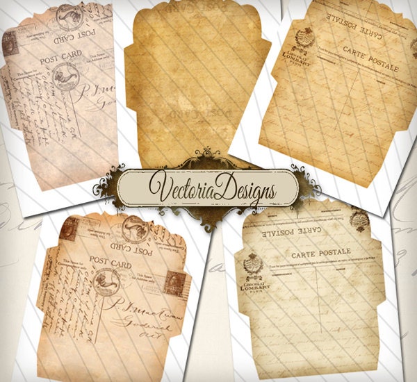 Five Postcards Envelopes, Digital Collage, Printable Postcards ...
