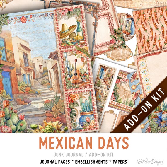 Mexican Days Junk Journal Kit, Printable Pages Embellishments Papers Add-on - 003765