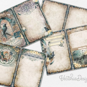 May include: Set of six vintage-style printable journal pages with a blue and brown color scheme. The pages feature ornate borders, floral accents, and bird imagery. The text on the pages includes "Memories of", "Twilight Dreams", and "Genie Mastermind Souvenir".