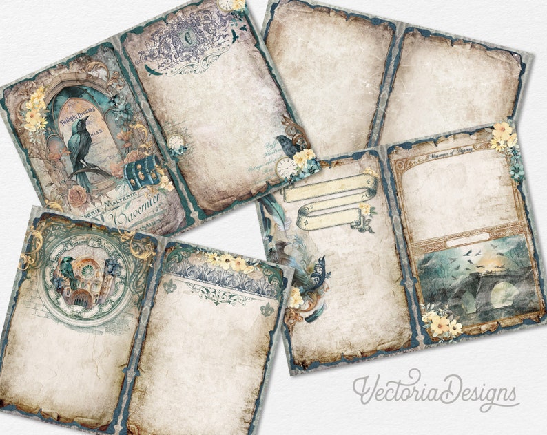 May include: Set of six vintage-style printable journal pages with a blue and brown color scheme. The pages feature ornate borders, floral accents, and bird imagery. The text on the pages includes "Memories of", "Twilight Dreams", and "Genie Mastermind Souvenir".