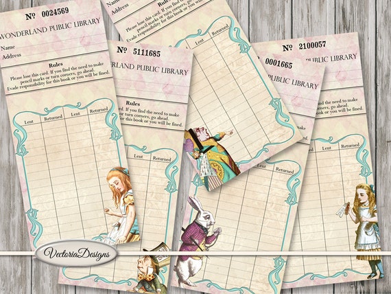 Alice in Wonderland Library Cards, Printable Ephemera - 001533
