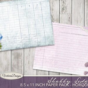 Puede incluir: Dos hojas de papel digital con un patr&oacute;n de cuadr&iacute;cula, una en azul y otra en rosa. La hoja azul tiene texto escrito a mano y un dise&ntilde;o floral con flores azules. La hoja rosa tiene un dise&ntilde;o floral con flores moradas. El texto "Shabby Ledgers 8.5 x 11 INCH PAPER PACK - HORIZONTAL" est&aacute; en la parte inferior de la imagen.