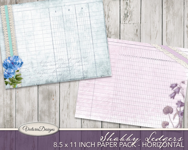 Puede incluir: Dos hojas de papel digital con un patr&oacute;n de cuadr&iacute;cula, una en azul y otra en rosa. La hoja azul tiene texto escrito a mano y un dise&ntilde;o floral con flores azules. La hoja rosa tiene un dise&ntilde;o floral con flores moradas. El texto "Shabby Ledgers 8.5 x 11 INCH PAPER PACK - HORIZONTAL" est&aacute; en la parte inferior de la imagen.