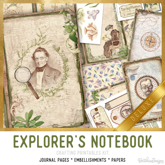 Explorer's Notebook Junk Journal Kit DELUXE - Printable Pages, Papers and Embellishments for Crafting - 002887