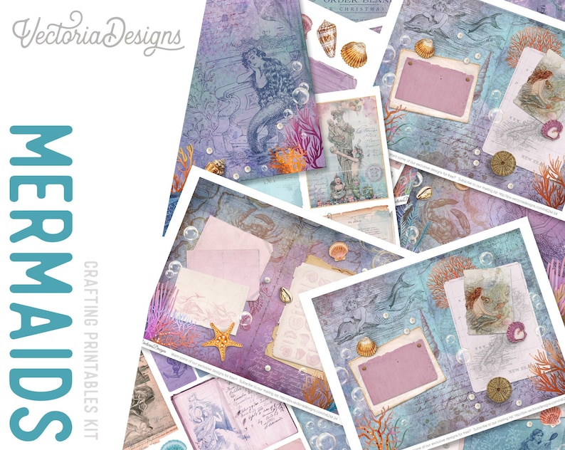 May include: A printable crafting kit featuring a collection of digital papers with a mermaid theme. The papers feature images of mermaids, seashells, coral, and other ocean-inspired elements. The papers are perfect for scrapbooking, card making, and other crafting projects.