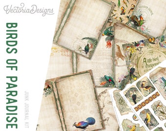 Birds Of Paradise Embellishments, Bird Junk Journal, Bird Theme Printables, Vintage Ephemera, Digital Paper Crafting, Printable Sheet 002339