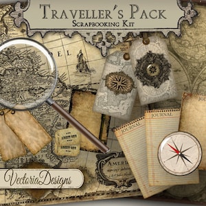 Travellers Pack Scrapbook Kit, Junk Journal Kit, Travel Journal Kit, Steampunk Kit, Digital Journal Kit, Printable Journal Pages, DIY 000376