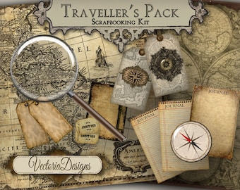 Travellers Pack Scrapbook Kit, Junk Journal Kit, Travel Journal Kit, Steampunk Kit, Digital Journal Kit, Afdrukbare Journal Pages, DIY 000376