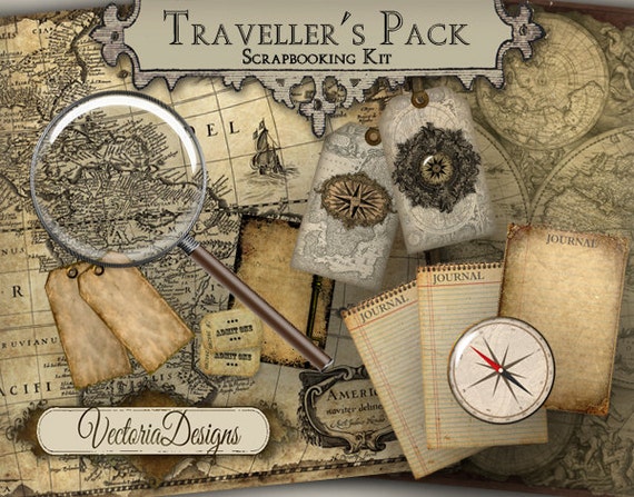 Travellers Pack Scrapbook Kit, Junk Journal Kit, Travel Journal Kit,  Steampunk Kit, Digital Journal Kit, Printable Journal Pages, DIY 000376