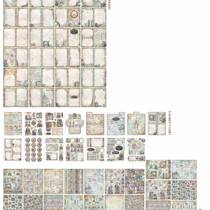 May include: A set of vintage-inspired scrapbook paper and embellishments featuring a Parisian theme. The papers include a variety of patterns and colors, including blue, green, and brown. The embellishments include stickers, die cuts, and chipboard pieces. The set also includes several journal pages with decorative borders.
