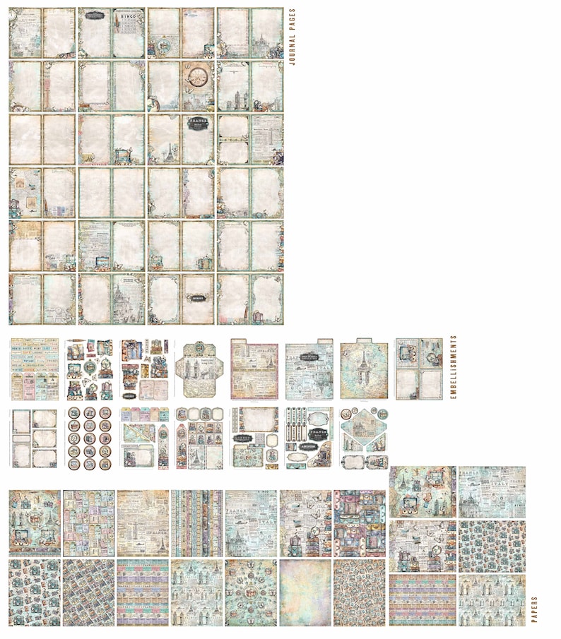 May include: A set of vintage-inspired scrapbook paper and embellishments featuring a Parisian theme. The papers include a variety of patterns and colors, including blue, green, and brown. The embellishments include stickers, die cuts, and chipboard pieces. The set also includes several journal pages with decorative borders.