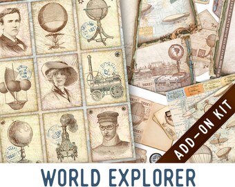 World Explorer Junk Journal Kit ADD-ON, Printable Junk Journal Pages Printable Junk Journal Kit Craft kits Vintage Junk Journal 003310