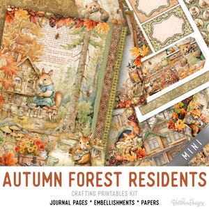 Autumn Forest Residents Junk Journal Kit MINI, Fall Animals Crafting Printables Kit Fall Embellishments Printable Paper Kit Craft 03568