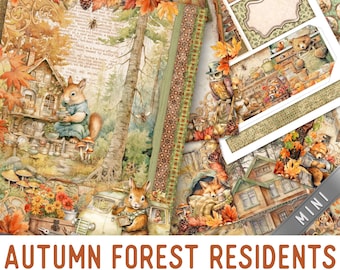 Autumn Forest Residents Junk Journal Kit MINI, Fall Animals Crafting Printables Kit Fall Embellishments Printable Paper Kit Craft 03568
