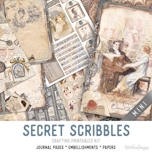 Secret Diary Junk journal Kit, Secret Scribbles MINI Crafting Printables Kit Junk Journal Embellishments Vintage Diary Paper Pack 003044 image 1