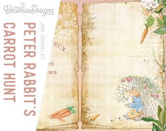 Peter Rabbit's Carrot Hunt junk journal digital themed paper for crafting. Vintage ephemera supplies 002308