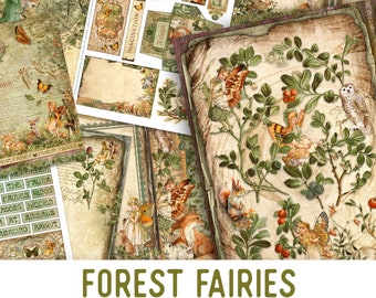 May include: A Forest Fairies junk journal kit featuring multiple sheets of decorative paper, tags, and labels. The designs include illustrations of fairies, foxes, rabbits, owls, butterflies, and forest foliage in earthy green and brown tones.
