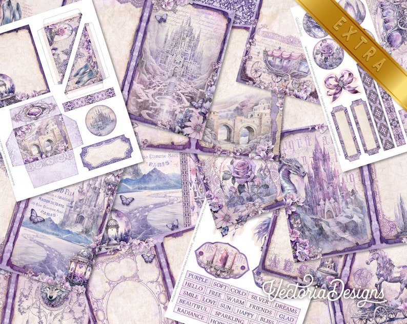 Purple and Gold Junk Journal Kit DELUXE, Purple Gold Crafting Printables Kit Purple Embellishments Printable Paper Craft Kit Tutorial 003318 image 7