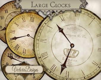 Large vintage clock images with without clock hands printable hobby crafting scrapbooking instant download digital collage sheet - 000543