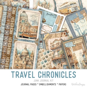 Travel Chronicles Junk Journal Kit, Travel Junk Journal Kit Travel Embellishments Junk Journal Papers Printable Travel Craft kit - 003437
