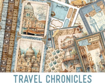 Travel Chronicles Junk Journal Kit, Travel Junk Journal Kit Travel Embellishments Junk Journal Papers Printable Travel Craft kit - 003437