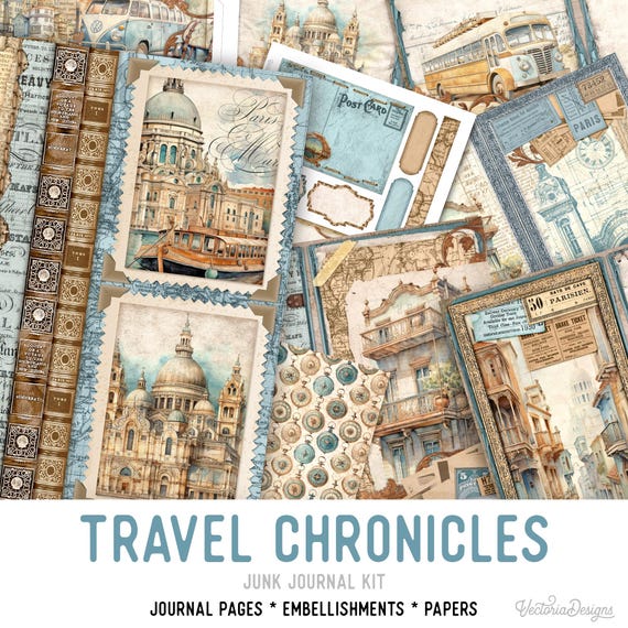 Travel Chronicles Junk Journal Kit, Travel Junk Journal Kit Travel Embellishments Junk Journal Papers Printable Travel Craft kit - 003437