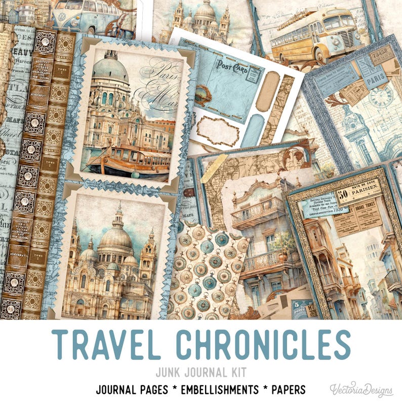 May include: A collection of vintage-style travel-themed ephemera, including postcards, journal pages, and embellishments. The design features illustrations of European architecture, maps, and travel-related imagery in shades of blue, beige, and brown. The text "TRAVEL CHRONICLES" is displayed prominently.