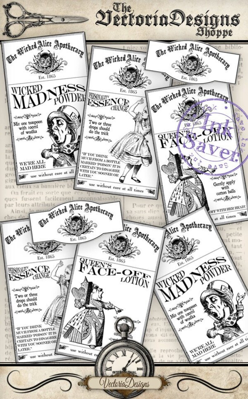 Alice In Wonderland, Halloween Printables, Apothecary Labels, Digital Download, Halloween Ink Labels, Halloween Decorations 000837 image 1