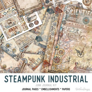 Steampunk Industrial Junk Journal Kit, Steampunk Embellishments, Steampunk Junk Journal Kit, Craft kits, Printable Junk Journal Kit - 002471