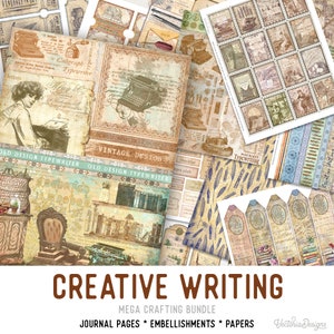 Creative Writing MEGA Crafting Bundle, Writer, Vintage Books, Printable Paper Pack, Writing Embellishments, Junk Journal, Craft Kits 002462