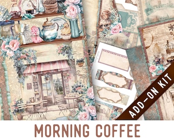 Morning Coffee Junk Journal Kit, Printable Pages, Embellishments, Papers (Add-On) - 004105