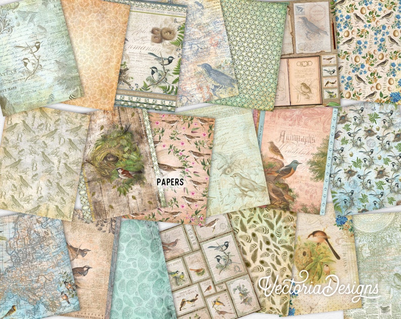 May include: A collection of 16 digital papers featuring a variety of bird and nature themed designs. The papers include patterns of birds, nests, flowers, and leaves in shades of blue, green, brown, and pink. The papers are perfect for scrapbooking, card making, and other paper crafts.