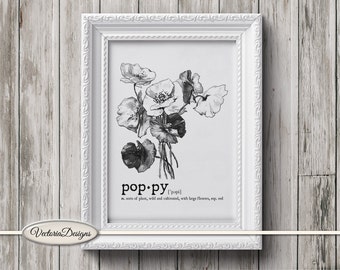 Poppy print printable art black and white print dictionary digital print printable instant download digital collage sheet - 000647