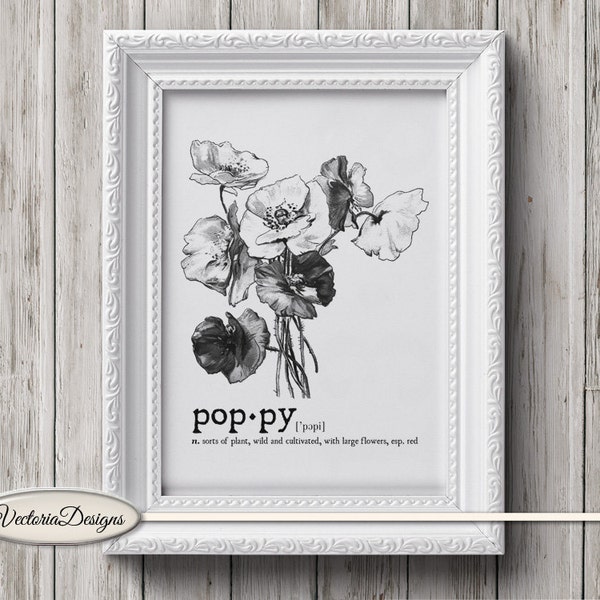 Poppy print printable art black and white print dictionary digital print printable instant download digital collage sheet - 000647