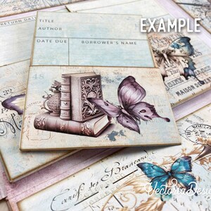 May include: A vintage style bookplate with a stack of books, a butterfly, and the text "RETURN DATE", "TITLE", "AUTHOR", "DATE DUE", and "BORROWER'S NAME".